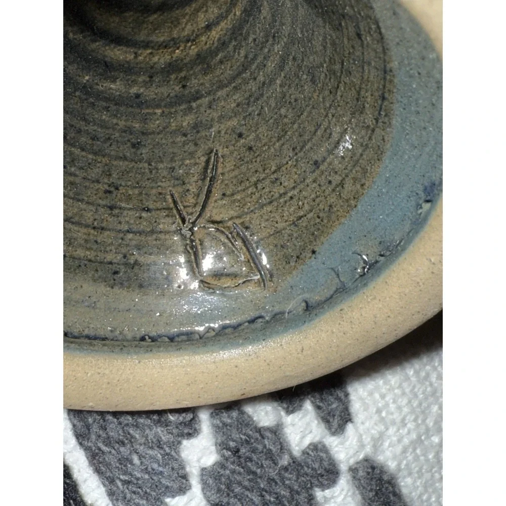 Artist Signed Handmade stoneware goblet Or chalice, drip glaze finish. 6.5
